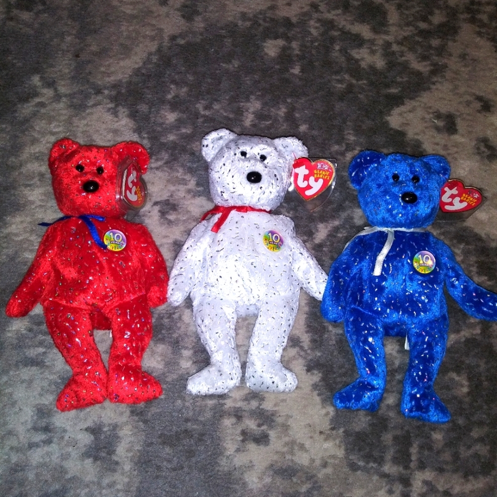 3 Red, white and Blue 10 year anniversary Ty Beanies